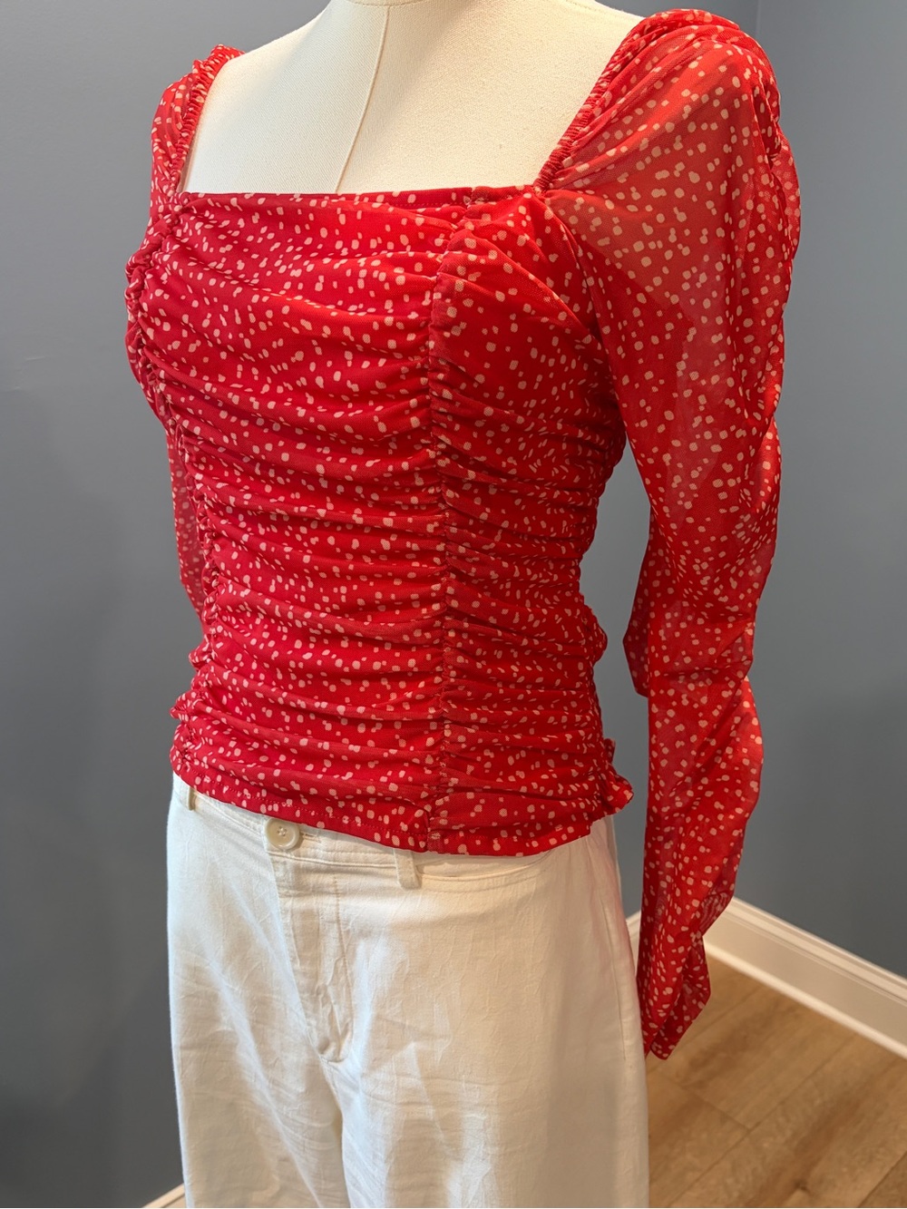 Maeve by Anthropologie Ruched Mesh Polka Dot Top Medium